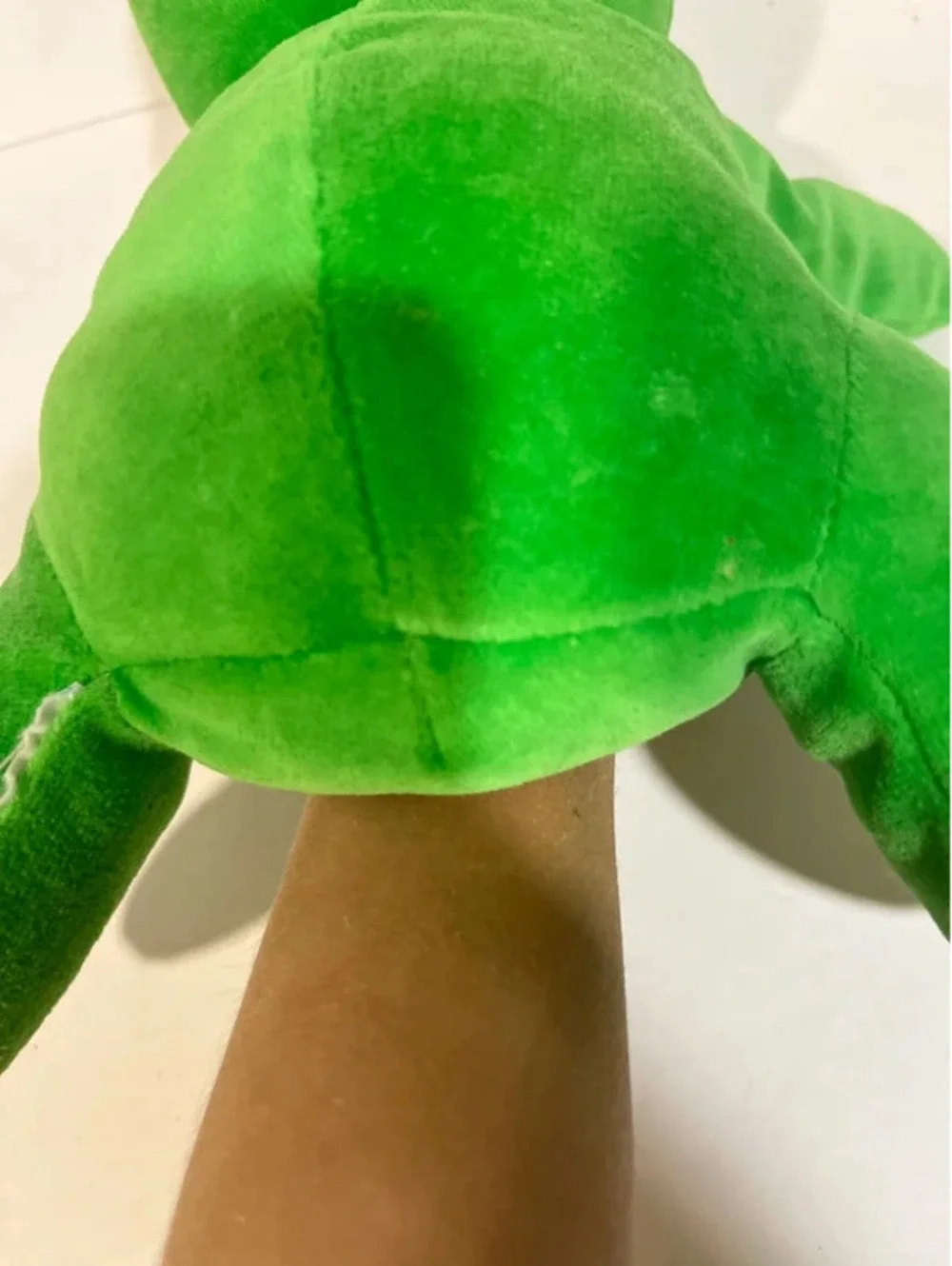 Vintage Croaker Frog Hand Puppet Plush Toy Green Pink Mouth 11” Soft Stuffy